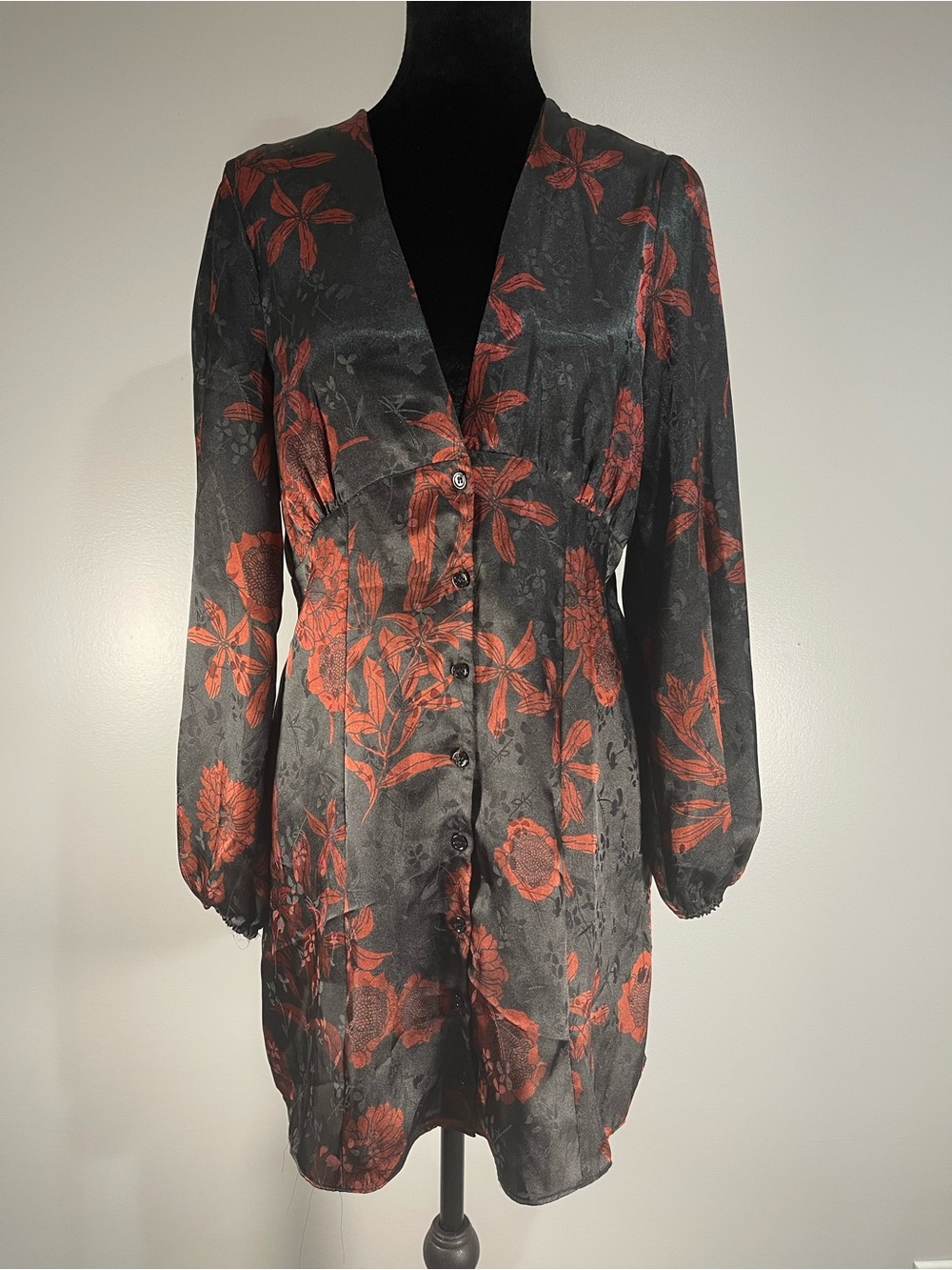 Zara Black Long-Sleeve Mini Dress with Rust Floral Print